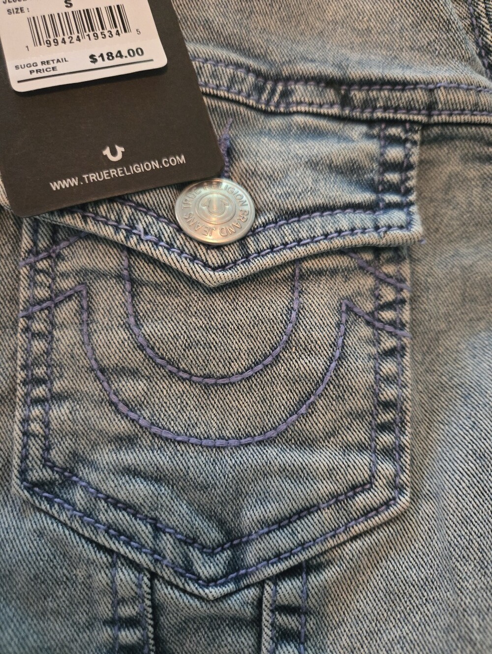 True Religion Light Blue Denim Jacket with Pink Wing Graphic - Picture 4 of 4